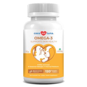 omega 3 for dogs - fish oil for dogs skin and coat - 120 chewable tablets - omega 3 6 9, epa & dha fatty acids for dog shedding, dry skin & heart support
