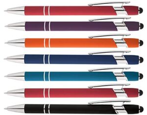 rainbow rubberized soft touch ballpoint pen with stylus tip a stylish, premium metal pen, black ink, medium point. box of 7 (assortment)
