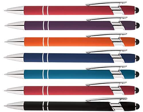 Rainbow Rubberized Soft Touch Ballpoint Pen with Stylus Tip a stylish, premium metal pen, black ink, medium point. Box of 7 (ASSORTMENT)