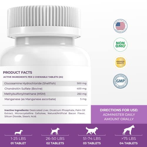 Joint Supplement for Dogs - 120 Chewable Tablets - Glucosamine for Dogs - with Chondroitin, MSM & Manganese - Hip & Joint Supplement for Dogs Mobility Support & Dog Joint Pain Relief