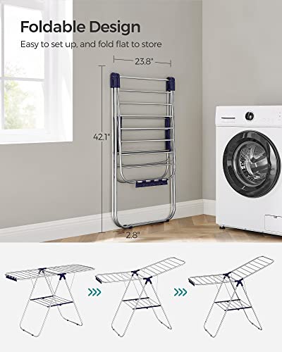 SONGMICS Clothes Drying Rack, with Bonus Sock Clips, Stainless Steel Gullwing Space-Saving Laundry Rack, Foldable for Easy Storage, Silver