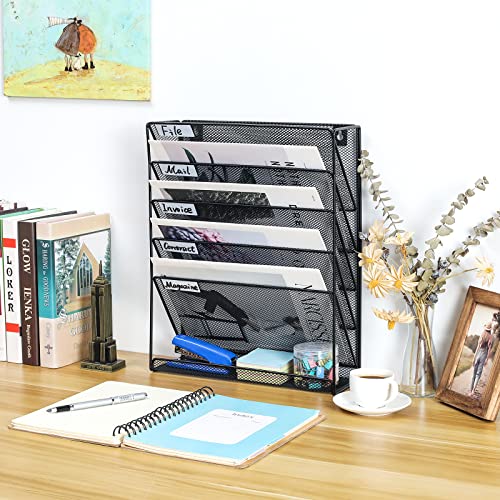 PAG Hanging Wall File Holder Mail Sorter Magazine Rack Office Supplies Metal Mesh Desk Organizer, 6 Tier, Black