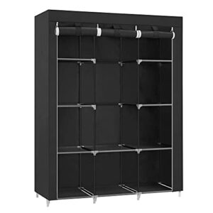 songmics 51-inch portable closet, wardrobe storage organizer with 10 shelves, closet system with hanging rods and cover, for hanging clothes, quick and easy assembly, black uryg93bk