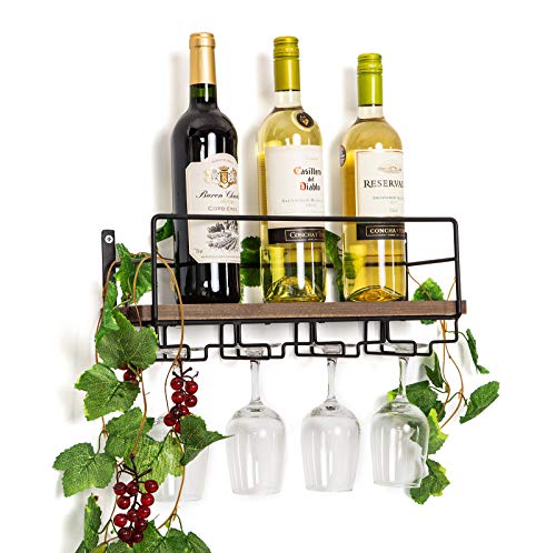 SODUKU Wall Mounted Rustic Wood Wine Rack with 4 Long Stem Glass Holder | Home Kitchen Décor | Storage Rack