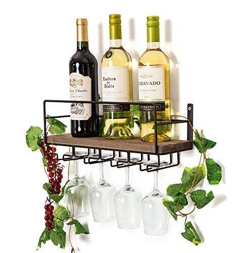 SODUKU Wall Mounted Rustic Wood Wine Rack with 4 Long Stem Glass Holder | Home Kitchen Décor | Storage Rack