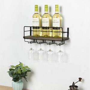 SODUKU Wall Mounted Rustic Wood Wine Rack with 4 Long Stem Glass Holder | Home Kitchen Décor | Storage Rack