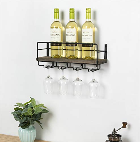 SODUKU Wall Mounted Rustic Wood Wine Rack with 4 Long Stem Glass Holder | Home Kitchen Décor | Storage Rack