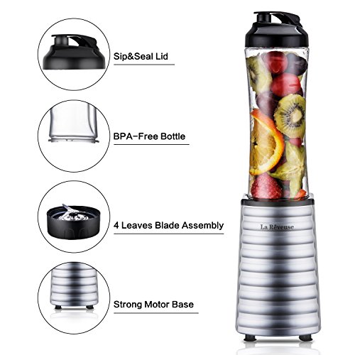 La Reveuse Smoothies Blender 300 Watt with 18 oz BPA-Free Portable Travel Sports Bottle (Silver)