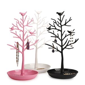 ChezMax Jewelry Display Necklace Earring Organizer Holder Plastic Birds Tree Stand with Tray Antique Bracelet Rings Rack Tower Decoration for Women Girl Pink 11.8 Inch