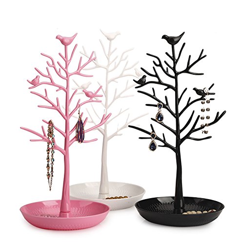 ChezMax Jewelry Display Necklace Earring Organizer Holder Plastic Birds Tree Stand with Tray Antique Bracelet Rings Rack Tower Decoration for Women Girl Pink 11.8 Inch