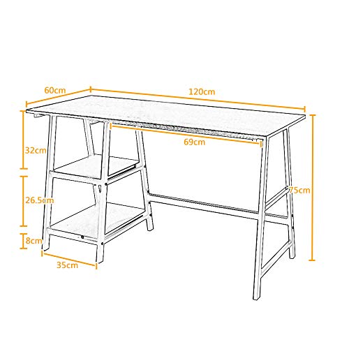 soges 47 Inch Computer Desk Trestle Desk Writing Desk Home Office Desk Hutch Workstation with Shelf Storage Desk, White Oak CS-Tplus-120MO