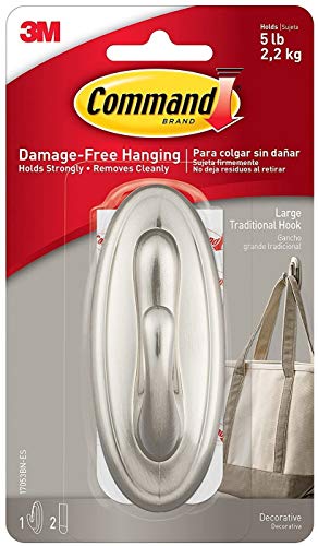 Command Traditional Medium Plastic Hooks, Brushed Nickel, 2-Hook