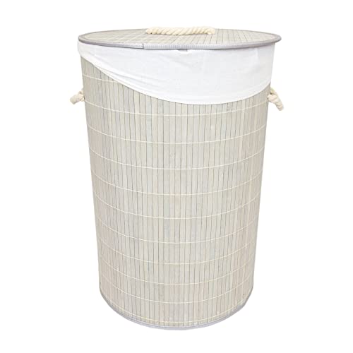 Home Basics Foldable Durable Bamboo Laundry Basket Hamper (Round, Grey)