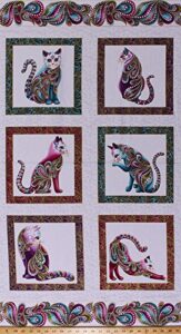 23.5" x 44" panel cats animals cat pets kitty feline paisleys gold metallic shimmer whimsical cat-i-tude white cotton fabric panel (b-2b-4200m-09)