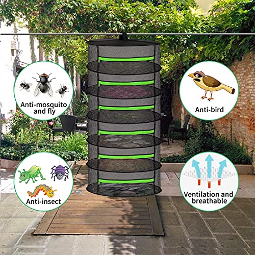 HYDGOOHO 6 Layer 2ft Herb Drying Rack Net Mesh with Green Zippers Hydroponics,Bonus Hook Drying Rack Herbs for Plant Bud Seed, Mesh Hanging Plant Dry,Herb Dry Net for Garden (6 Layer, Open Type)