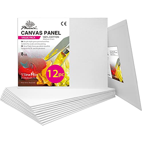 PHOENIX Painting Canvas Panels 11x14 Inch, 12 Value Pack - 8 Oz Triple Primed 100% Cotton Acid Free Canvases for Painting, White Blank Flat Canvas Boards for Acrylic, Oil, Watercolor & Tempera Paints