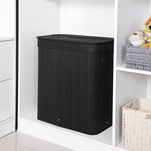 SONGMICS Laundry Hamper with Lid, Bamboo Laundry Basket with Handles, Foldable Storage Basket for Laundry Room, Bedroom, 100L, Black ULCB63H