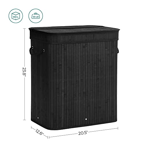 SONGMICS Laundry Hamper with Lid, Bamboo Laundry Basket with Handles, Foldable Storage Basket for Laundry Room, Bedroom, 100L, Black ULCB63H