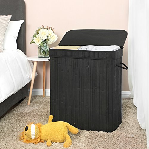 SONGMICS Laundry Hamper with Lid, Bamboo Laundry Basket with Handles, Foldable Storage Basket for Laundry Room, Bedroom, 100L, Black ULCB63H