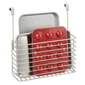 mdesign metal wire kitchen bakeware organizer basket - hang over cabinet door - storage for baking sheets, cupcake tins, cutting boards, foil, or plastic wrap - concerto collection - matte satin