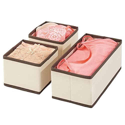 mDesign Fabric Dresser Drawer and Closet Storage Organizer Bin for Bedroom - Holds Lingerie, Bras, Socks, Leggings, Clothes, Purses, Scarves, Lido Collection, Set of 3 - Cream/Espresso Brown