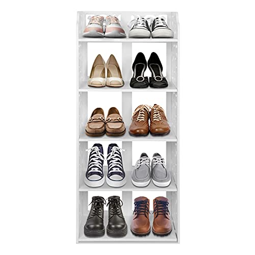 5 Tier Shoes Rack, White Shoe Rack Shelf Wood Storage Free Standing Shoe Organizer Entryway Shoe Tower for Home Living Room Hallway Office