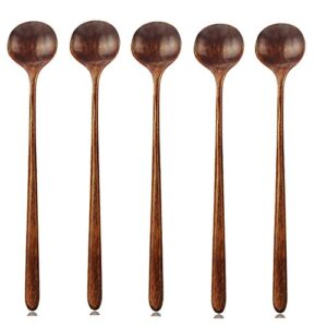 long spoons wooden, 5 pieces korean style 10.9 inches 100% natural wood long handle round spoons for soup cooking mixing stirrer kitchen tools utensils, fda approved(korean style soup spoon)
