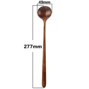 Long Spoons Wooden, 5 Pieces Korean Style 10.9 inches 100% Natural Wood Long Handle Round Spoons for Soup Cooking Mixing Stirrer Kitchen Tools Utensils, FDA Approved(Korean Style Soup Spoon)