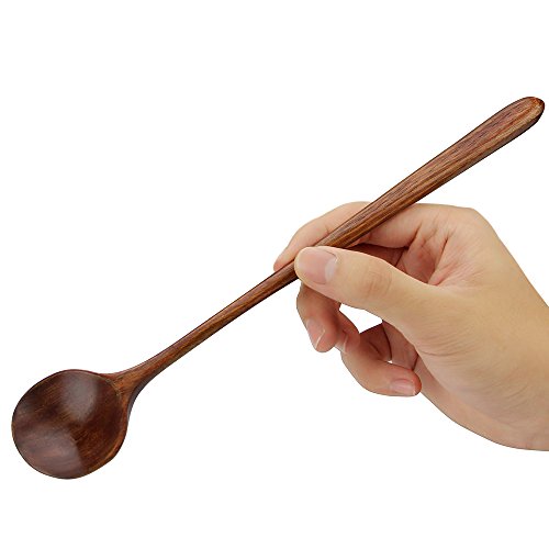 Long Spoons Wooden, 5 Pieces Korean Style 10.9 inches 100% Natural Wood Long Handle Round Spoons for Soup Cooking Mixing Stirrer Kitchen Tools Utensils, FDA Approved(Korean Style Soup Spoon)