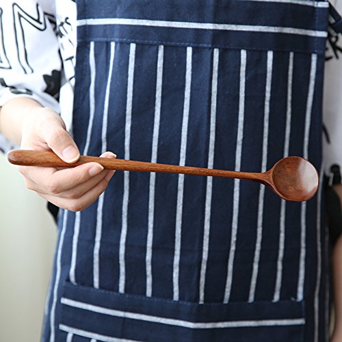 Long Spoons Wooden, 5 Pieces Korean Style 10.9 inches 100% Natural Wood Long Handle Round Spoons for Soup Cooking Mixing Stirrer Kitchen Tools Utensils, FDA Approved(Korean Style Soup Spoon)