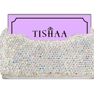 TISHAA Business Card Holder Stand - Bling Name Cards Office Desk Desktop Table Top Organizer Luxury Display Pocket Case Accessories White Crystal Rhinestone Glitter