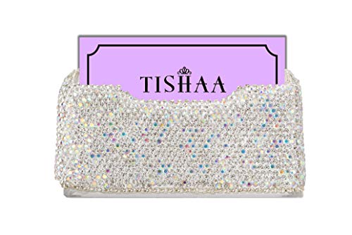 TISHAA Business Card Holder Stand - Bling Name Cards Office Desk Desktop Table Top Organizer Luxury Display Pocket Case Accessories White Crystal Rhinestone Glitter