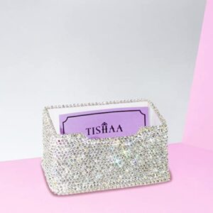 TISHAA Business Card Holder Stand - Bling Name Cards Office Desk Desktop Table Top Organizer Luxury Display Pocket Case Accessories White Crystal Rhinestone Glitter