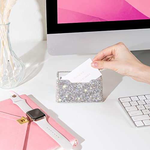 TISHAA Business Card Holder Stand - Bling Name Cards Office Desk Desktop Table Top Organizer Luxury Display Pocket Case Accessories White Crystal Rhinestone Glitter