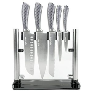 set of 5 tizona kitchen knives - premium stainless steel cutlery with patterned handles & clear acrylic display case, professional cutting utensils by kÿchen