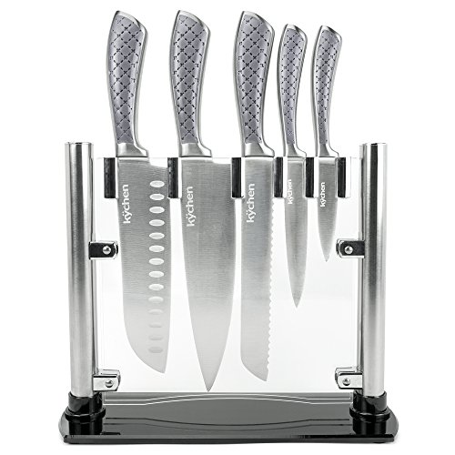 Set of 5 Tizona Kitchen Knives - Premium Stainless Steel Cutlery with Patterned Handles & Clear Acrylic Display Case, Professional Cutting Utensils by Kÿchen