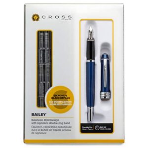 cross bailey blue lacquer fountain pen with 6 refill gift box