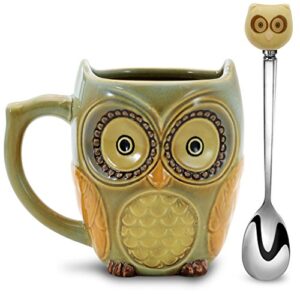sqowl 3d coffee mug funny cute owl ceramic cup coffee mug with spoon tea mugs set for women and girls 12 oz cyan