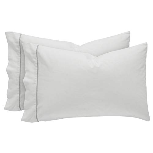 Amazon Brand – Rivet Contrast Hem Breathable Cotton Linen Bed Sheet Set, Queen, White / Vapor