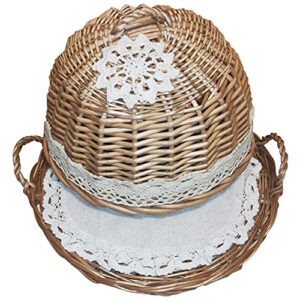 coralpearl rattan wicker woven food dome lid cover and table serving tray storage plate platter with handles for picnic party bread cake pizza dry fruit dessert indoor outdoor (brown)