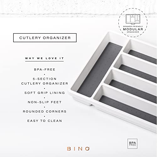 BINO | 5-Slot Silverware Organizer | Small - White Cutlery Tray Organizer | Silverware Storage for Drawer | BPA-Free Plastic Organizers with Soft-Grip Lining and Rounded Corners | Utensil Organizer