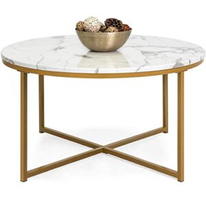 best choice products 36in faux marble accent table, modern end table, large coffee table home decor for living room, dining room, tea, coffee w/metal frame, foot caps, designer - white/gold