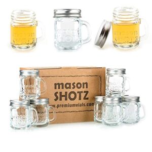 premium vials - mini mason jar shot glasses with handles (set of 8) – leak-proof lids - great for shots, drinks, favors, candles and crafts