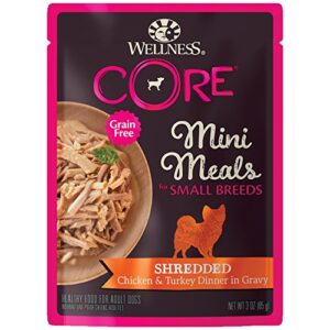 wellness core natural grain free small breed mini meals wet dog food, shredded chicken & turkey dinner in gravy, 3-ounce pouch (pack of 12)