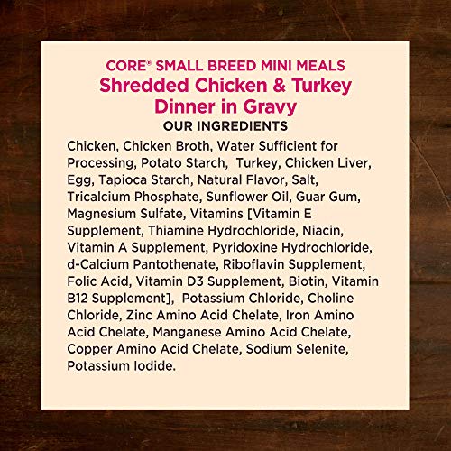 Wellness CORE Natural Grain Free Small Breed Mini Meals Wet Dog Food, Shredded Chicken & Turkey Dinner in Gravy, 3-Ounce Pouch (Pack of 12)