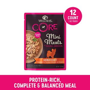 Wellness CORE Natural Grain Free Small Breed Mini Meals Wet Dog Food, Shredded Chicken & Turkey Dinner in Gravy, 3-Ounce Pouch (Pack of 12)