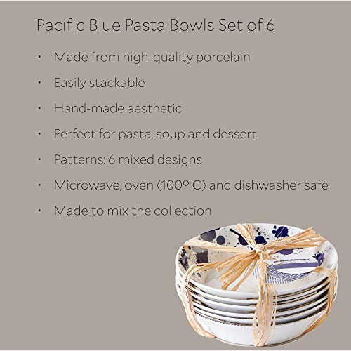 Royal Doulton Porcelain Pacific Mixed Patterns Set of 6 Pasta Bowls, 22cm, Blue