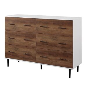 walker edison mila modern 6 drawer storage buffet, 52 inch, white and rustic oak