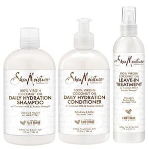 shea moisture shampoo and conditioner set, 13 fl oz ea with leave in treatment spray 8 fl oz, daily hydration 100% virgin coconut oil, curly hair products bundle, shea butter, coconut milk
