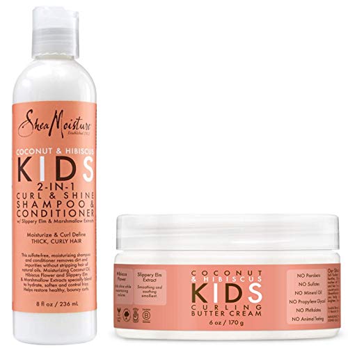 Shea Moisture Coconut & Hibiscus Kids Combo Pack - Includes Kids Curling Butter Cream, 6 Oz & Kids Curl & Shine 2-in-1 Shampoo & Conditioner, 8 Oz